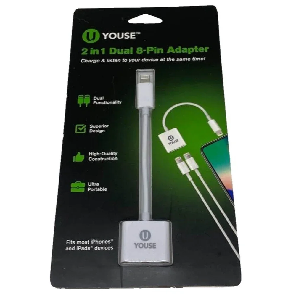U Youse 2 in 1 Dual 8-Pin Adapter Charge Iphone 11 Ipad Tempered Glass NEW
